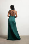 Bright Lights Emerald Satin Cowl Neck Slit Maxi Dress