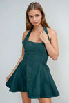Twirl Charm Halter Bow Mini Dress - Emerald Green