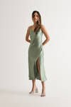 Kylah Green Satin Slit Slip Midi Dress