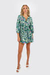 Viviana Green Multi Floral Print Long Sleeve Round Neck Belted Dress