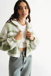 Wintertime Skies Green Plaid Fleece Zip-Up Jacket