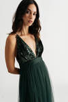 Just Like That Hunter Green Plunging Sequins Mesh Maxi Dress