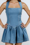 Play It Sweet Halter Denim Mini Dress - Indigo