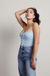 Rae Light Blue Ruffled and Ruched Lace-Up Mesh Bodysuit