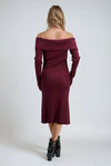 Femme Allure Buttoned Off Shoulder Midi Dress - Maroon