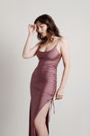 What A Night Mauve High Slit Ruched Bodycon Maxi Dress