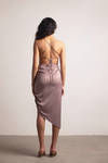 Blush Away Mocha Satin Asymmetrical Backless Midi Dress