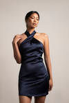 Just On Time Navy Halter Keyhole Satin Mini Dress