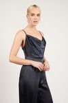 So Caught Up Navy Cowl Neck Satin Jumpsuit