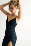 Starry Eyes Navy Glitter Pleated Bodycon Midi Dress