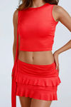 Hello Gorgeous Bow Shoulder Top and Mini Skirt Set - Red