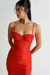 Hesperides Red Satin Ruched Side Slit Bodycon Midi Dress