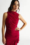 Lavin Red Shirred Asymmetrical Slit Bodycon Dress