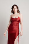 What A Night Red High Slit Ruched Bodycon Maxi Dress