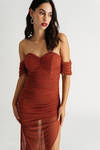 Angelina Rust Mesh Off Shoulder Asymmetrical Midi Dress