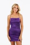 Eloisa Shade of Purple Solid Satin Sleeveless Cross Pleated Mini Dress