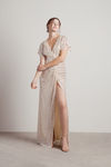 Dreaming of You Tonight Silver Beige Slit Sequin Maxi Dress
