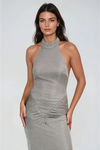 Glamour Rush Metallic Halter Maxi Dress - Silver