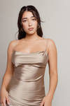 On A Mission Silver Mink Satin Cowl Neck Slit Midi Dress