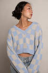 Pulling You Sky Blue Checkered V-Neck Crop Sweater