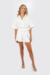 Jelyn White Collared Wide Sleeve Tie Waist Loose Romper