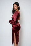 Ever Mine Satin One Shoulder Midi Dress - Wine