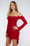 Red in Love Off Shoulder Ruffle Mini Dress - Wine