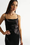 Ambitious Black Satin Cowl Neck Chain Maxi Slip Dress