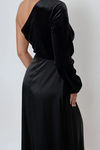 Bejeweled Velvet One Shoulder Maxi Dress - Black