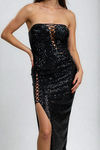 Divine Aura Lace Up Sequin Midi Dress - Black
