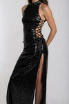 Vogue Allure Lace Up Sequin Maxi Dress - Black