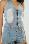 Wink It Halter Denim Romper - Blue