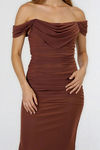 Catch the Glow Off Shoulder Bodycon Maxi Dress - Brown