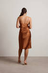 On A Mission Brown Satin Cowl Neck Slit Midi Dress