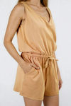 Chill Babe Drawstring Knit Romper - Caramel