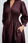 Chic Motion Front Zip Smocked Midi Dress - Chocolate