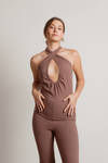 Keep My Cool Cocoa Keyhole Halter Knit Jumpsuit