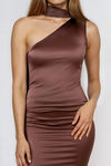 All Eyes Here One Shoulder Satin Midi Dress - Coffee