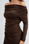 Truffle Luxe Off Shoulder Wrap Midi Dress - Dark Brown