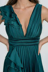 Celestial Glow Deep V Pleated Maxi Dress - Dark Green