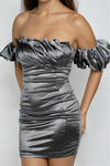 Velour Charm Satin Off Shoulder Mini Dress - Gunmetal