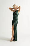 Moment In Time Hunter Green One Shoulder Satin Maxi Dress