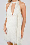 Sparkle 'til Dawn Beaded Plunge Mini Dress - Ivory