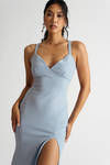 Kiera Light Blue Glitter Open Back High Slit Maxi Dress