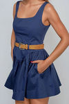 Casual Grace Belted Skater Mini Dress - Navy