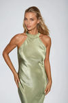 Catch You Staring Satin Open Back Maxi Dress - Olive