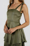 Fresh Prespective Tiered Satin Maxi Dress - Olive