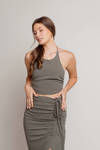 No Shame Olive Halter Crop Top And Drawstring Midi Skirt