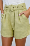 Cool Intentions Belted Tweed Shorts - Pale Lime