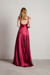 For The Drama Red Satin Cowl Neck High Slit Maxi Dress